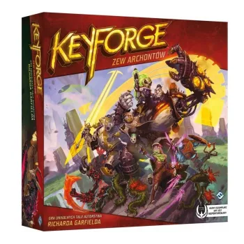 Opakowanie gry KeyForge: Zew Archontów – Pakiet startowy REBEL z widocznymi taliami