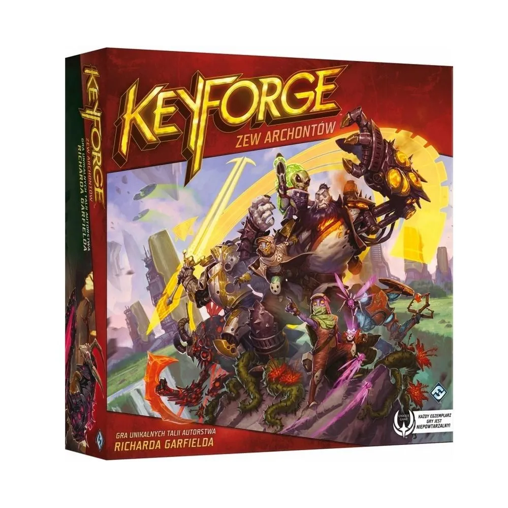 Opakowanie gry KeyForge: Zew Archontów – Pakiet startowy REBEL z widocznymi taliami