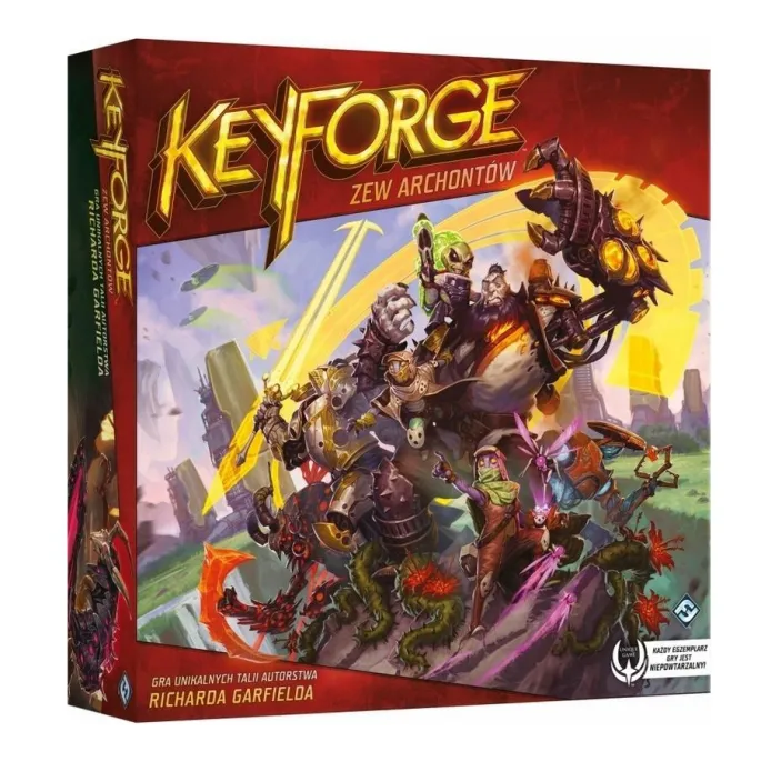 Opakowanie gry KeyForge: Zew Archontów – Pakiet startowy REBEL z widocznymi taliami