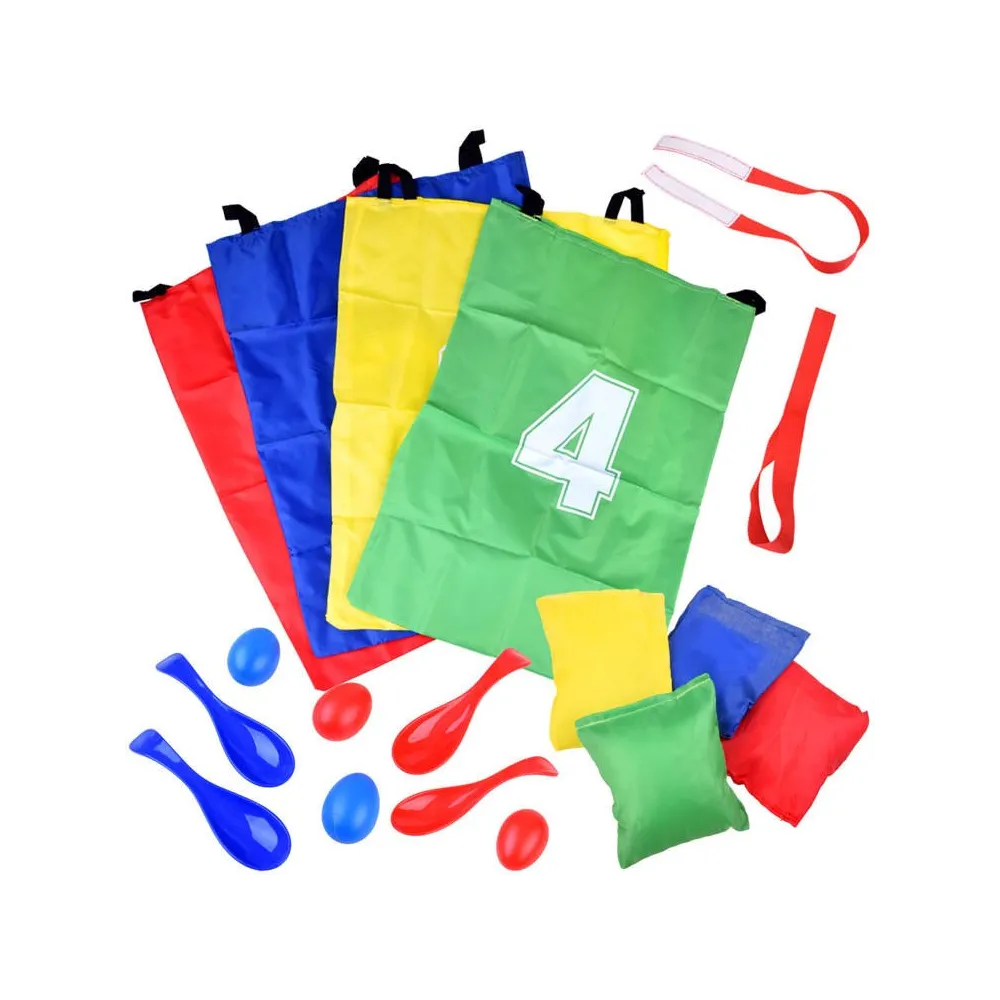 zestaw kinderparty z workami do skakania i jajkami na łyżce