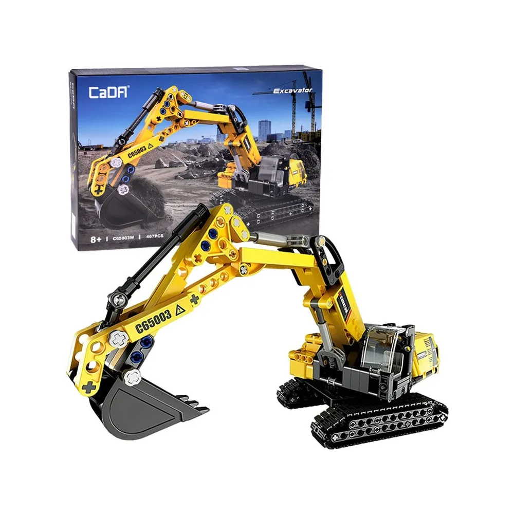 Model koparki gąsienicowej z żółto-szarych klocków konstrukcyjnych