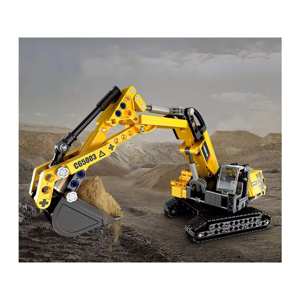 Zbudowana koparka na placu budowy podczas zabawy konstrukcyjnej