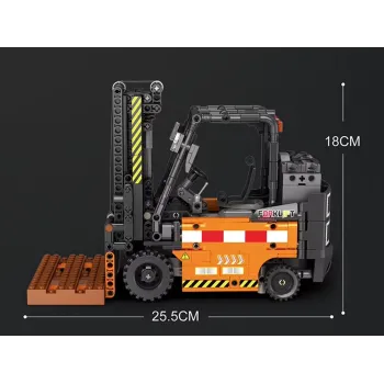 detal pomarańczowo-czarnej kolorystyki wózka widłowego z klocków