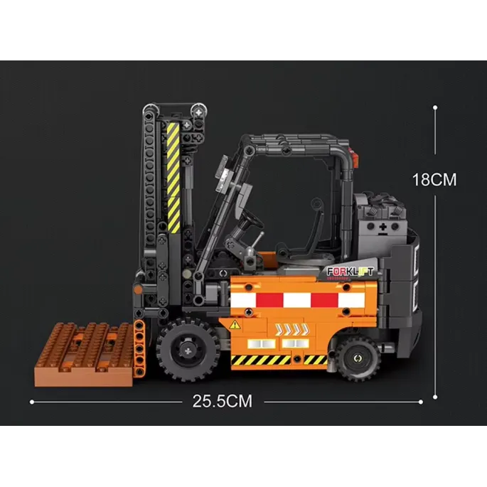 detal pomarańczowo-czarnej kolorystyki wózka widłowego z klocków