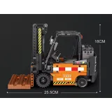 detal pomarańczowo-czarnej kolorystyki wózka widłowego z klocków