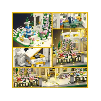 Pałac ogrodowy z ozdobną fontanną i rabatami kwiatowymi z klocków