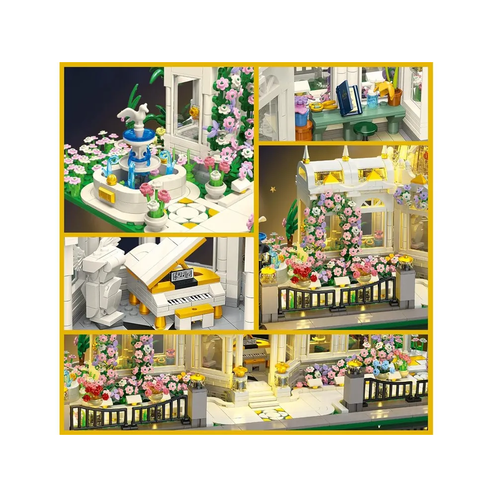 Pałac ogrodowy z ozdobną fontanną i rabatami kwiatowymi z klocków