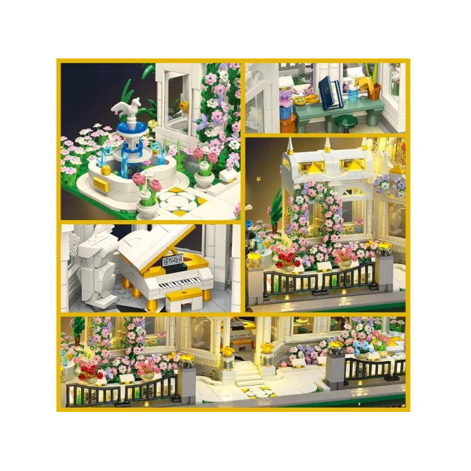 Pałac ogrodowy z ozdobną fontanną i rabatami kwiatowymi z klocków