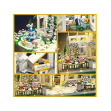 Pałac ogrodowy z ozdobną fontanną i rabatami kwiatowymi z klocków