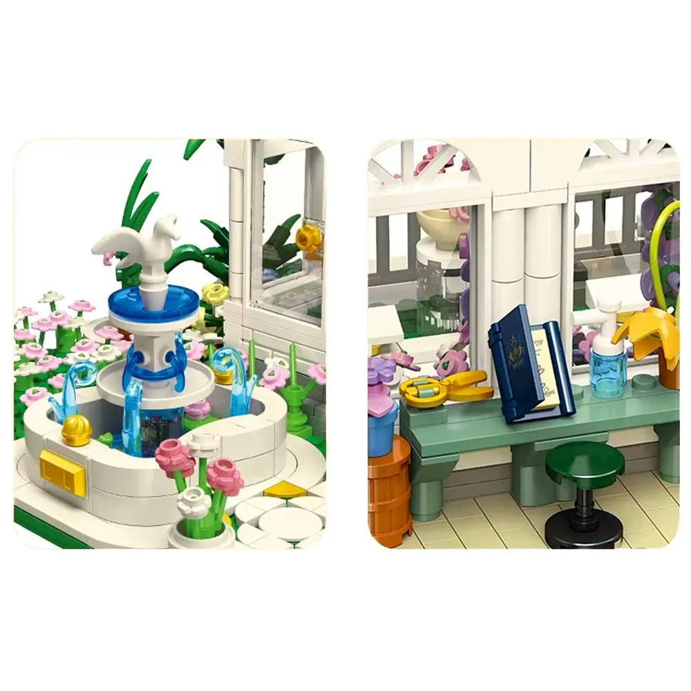 Ruchome drzwi i dekoracyjne okna zestawu botanicznego z klocków