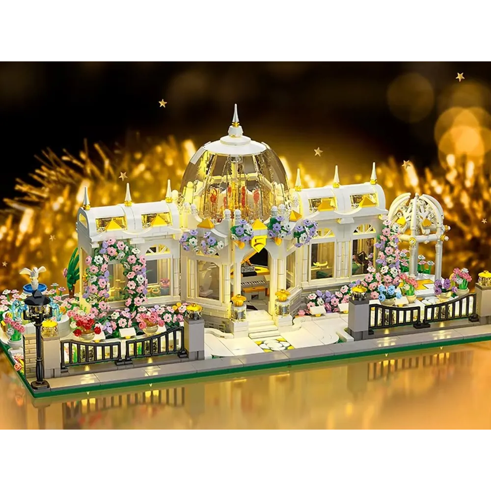 Wnętrze pawilonu ogrodowego z meblami i akcesoriami z klocków