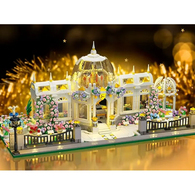 Wnętrze pawilonu ogrodowego z meblami i akcesoriami z klocków