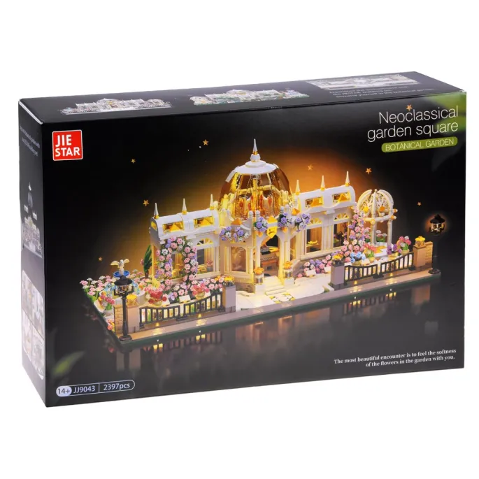 Model ogrodu botanicznego w stylu neoklasycznym na jasnym tle