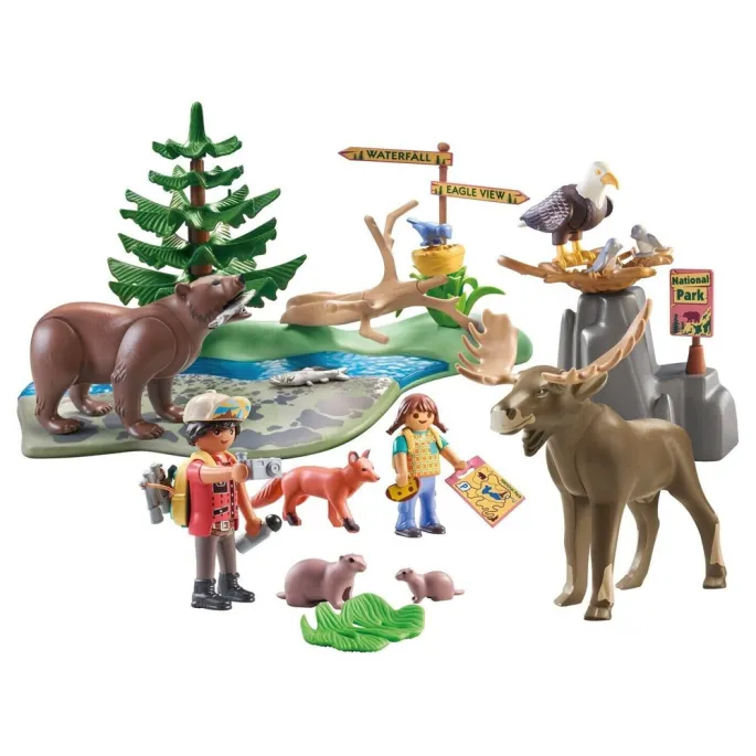 widok zestawu playmobil z leśnymi figurkami i akcesoriami