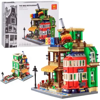 Model klocków restauracji BBQ z Paryża na białym tle