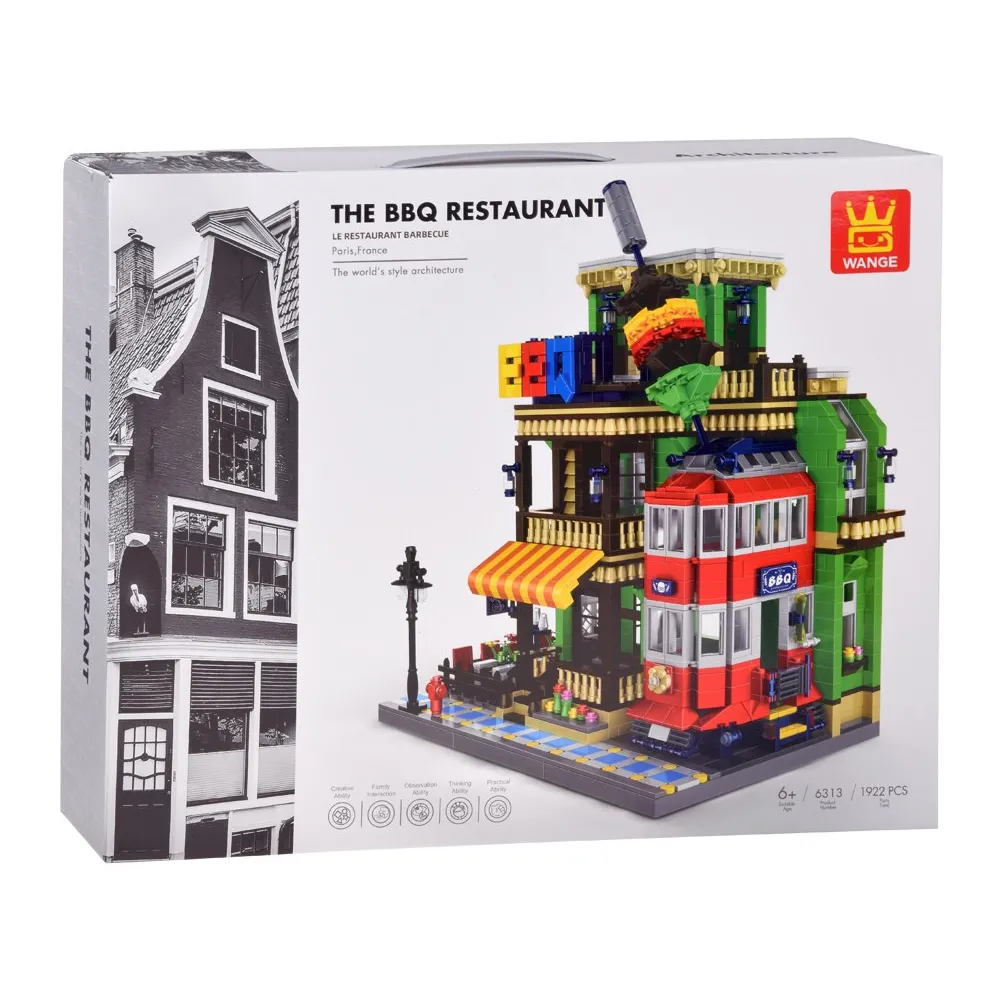 Konstrukcja restauracji z klocków pokazująca francuski styl