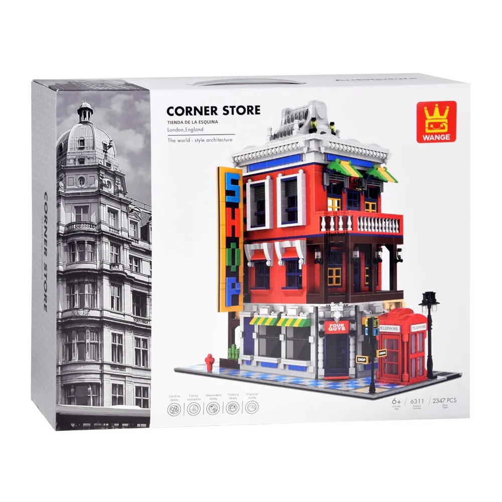 wnętrze i front sklepu narożnego inspirowanego Londynem