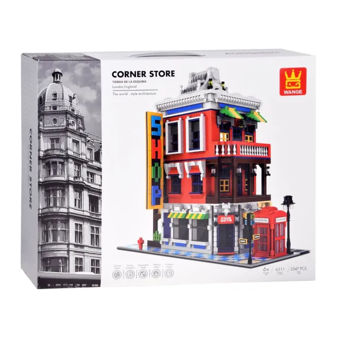 wnętrze i front sklepu narożnego inspirowanego Londynem