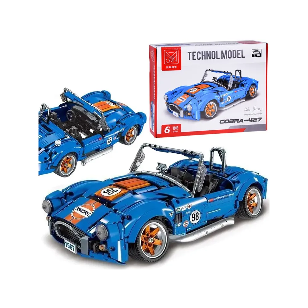 Sportowy model auta Cobra-427 z klocków technicznych na białym tle