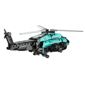 widok klockowego helikoptera z gumowymi oponami i naklejkami