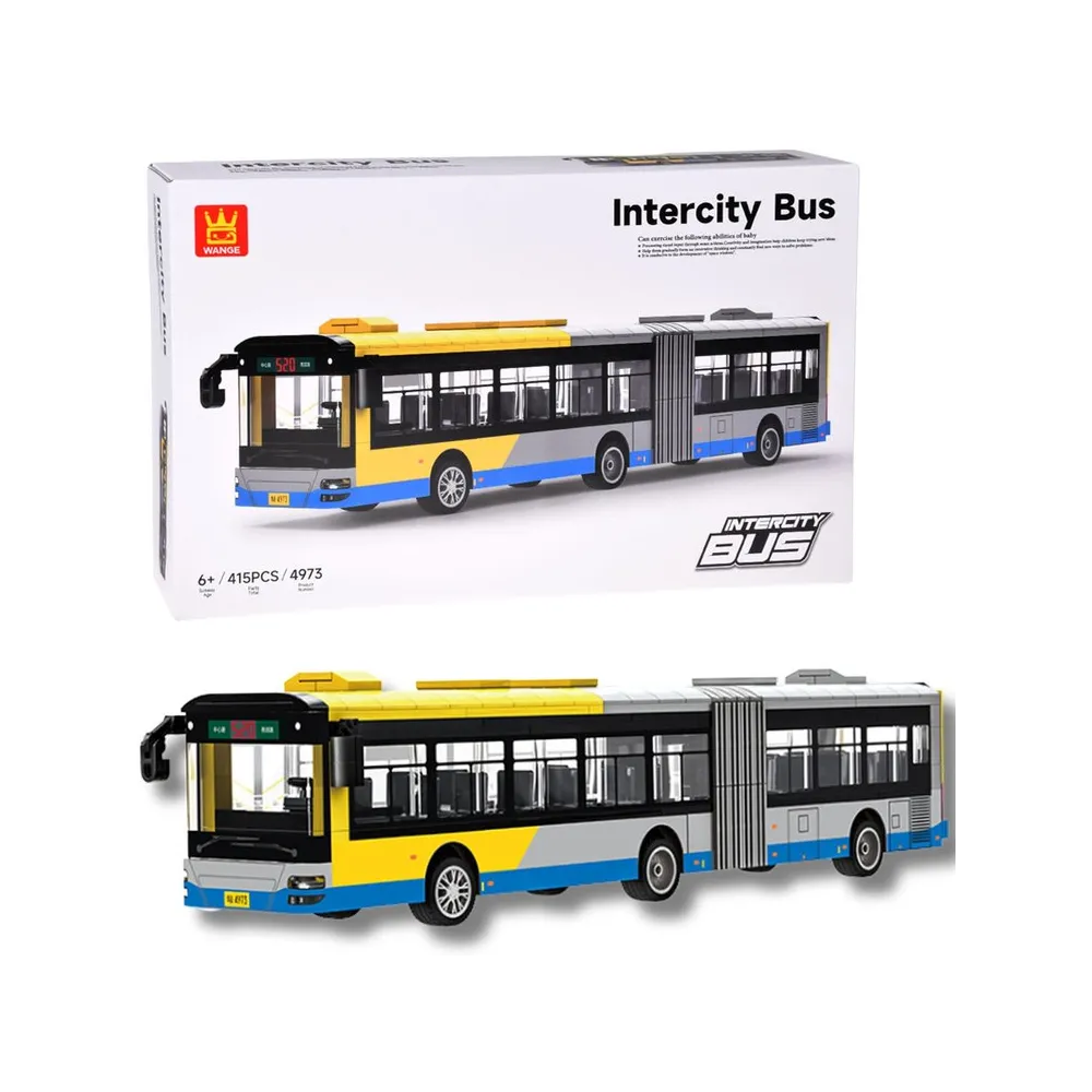 Złożony autobus miejski przegubowy z klocków technicznych na białym tle