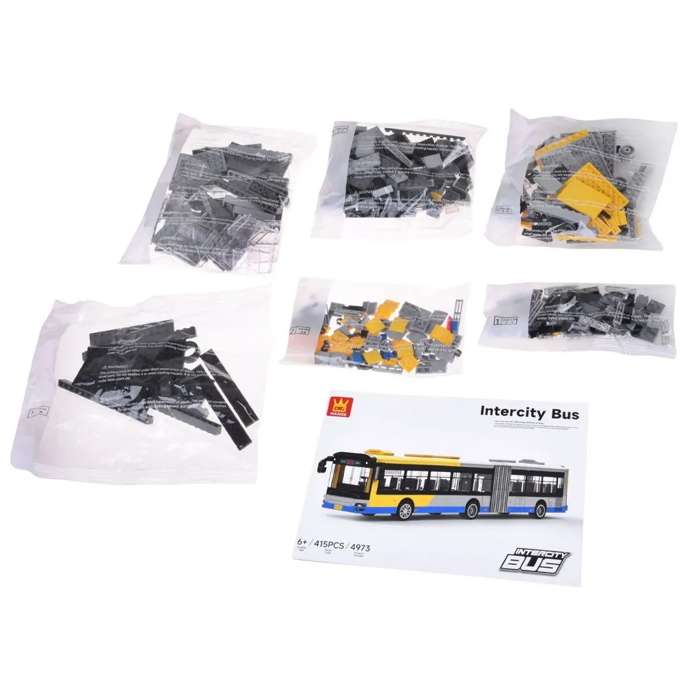 Szaro-żółty model autobusu z detalami niebieskimi i czarnymi, widok z boku