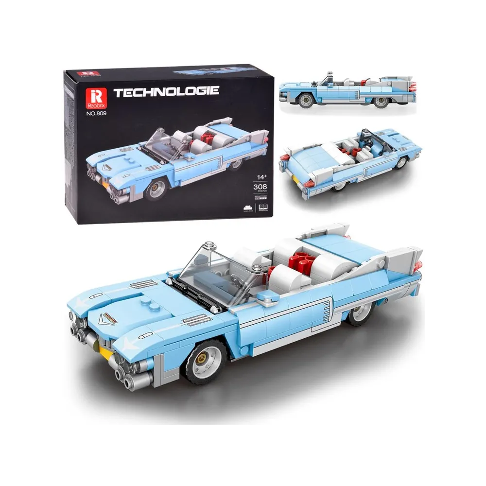 Model błękitnego kabrioletu zbudowany z klocków technicznych