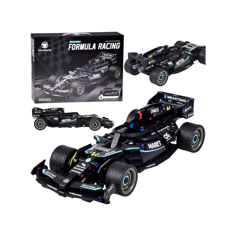 Model bolidu Formuły 1 z klocków technicznych w czarnej kolorystyce