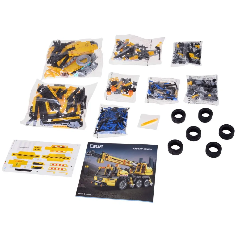 Model dźwigu technicznego w żółto-szarej kolorystyce z gumowymi kołami