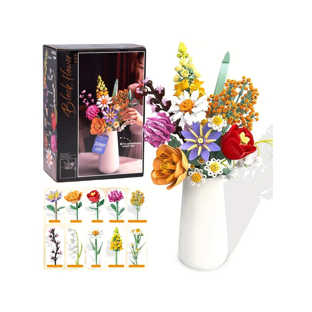 zestaw klocków technicznych bukiet kwiatów z białym ceramicznym wazonem