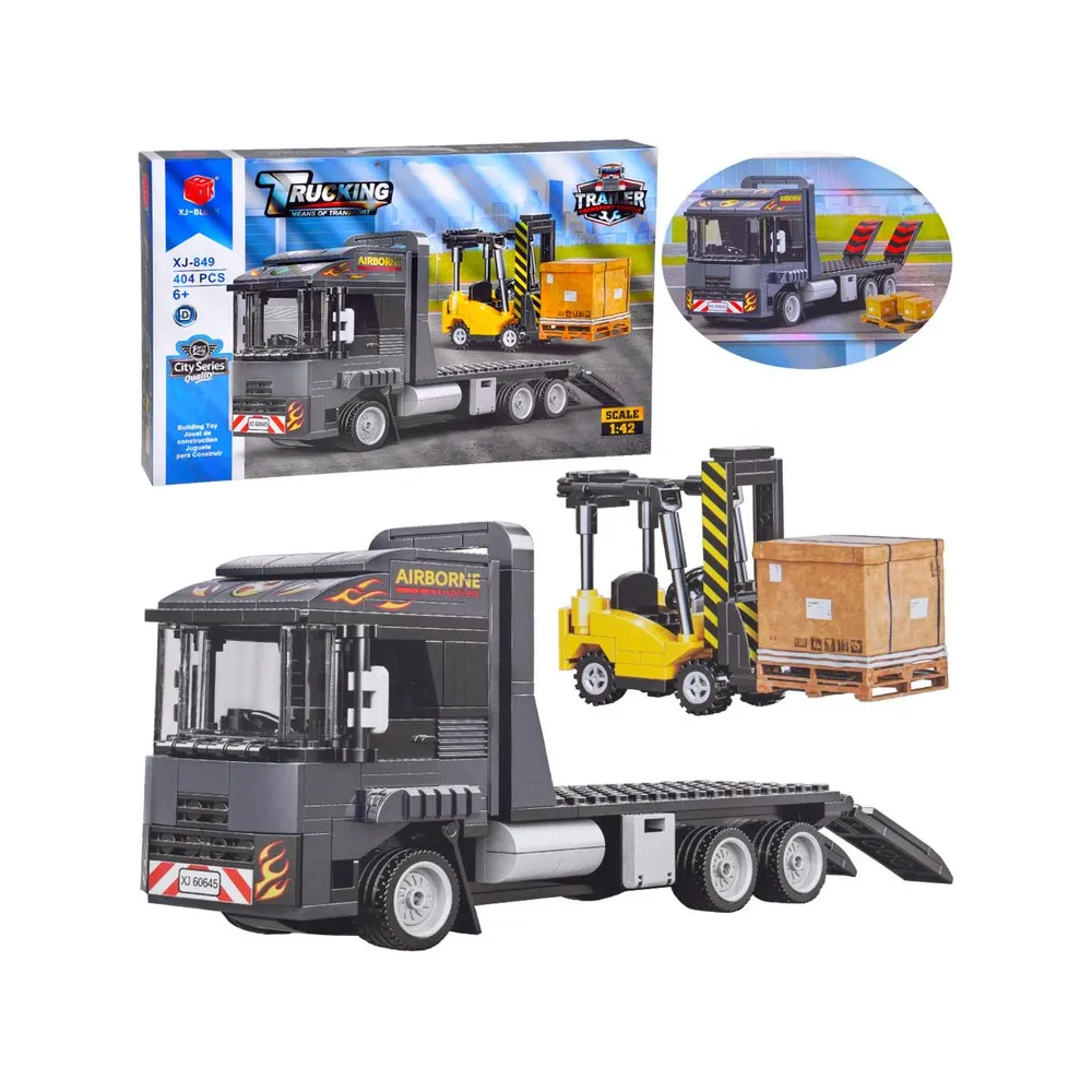 Klocki techniczne 1:42 przedstawiające tir z lawetą i wózek widłowy