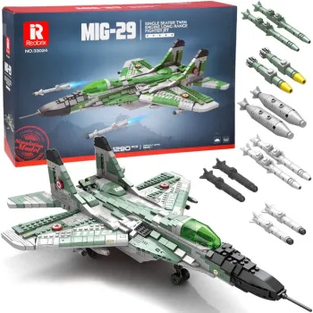 Model samolotu MIG-29 z klocków w szaro-zielonej kolorystyce