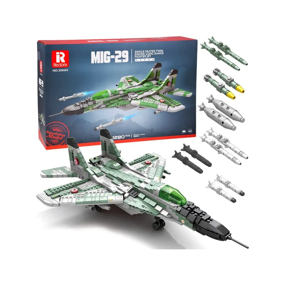 Model samolotu MIG-29 z klocków w szaro-zielonej kolorystyce