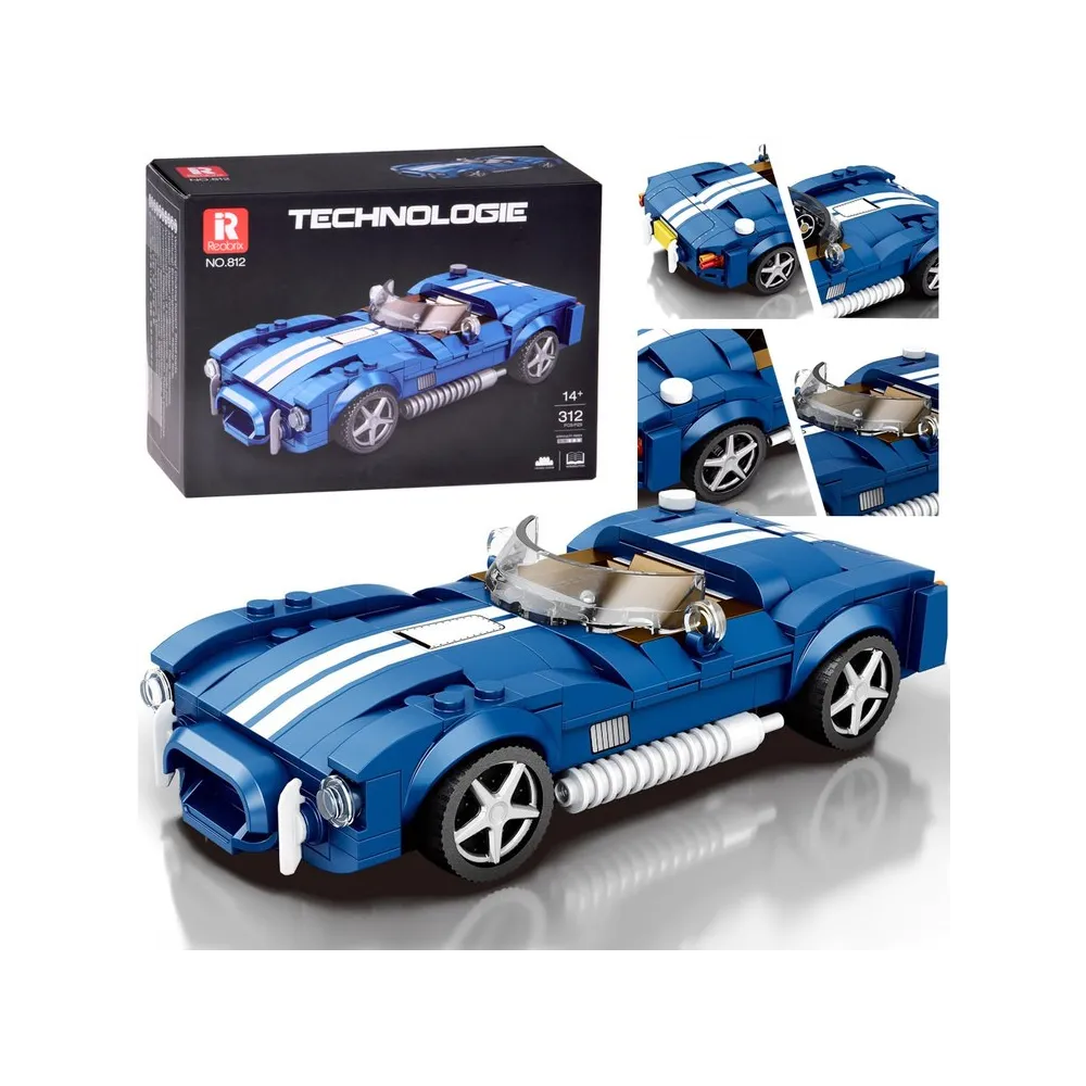 Model sportowego niebieskiego roadstera z klocków technicznych na jasnym tle