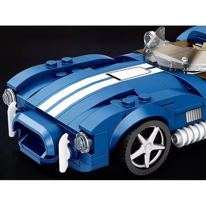 Efektowna replika niebieskiego roadstera z klocków jako ozdoba kolekcjonerska