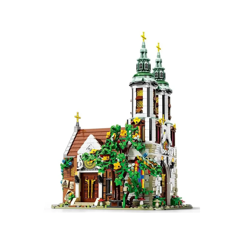 Zbliżenie na złote krzyże i ołtarz wewnątrz modelu