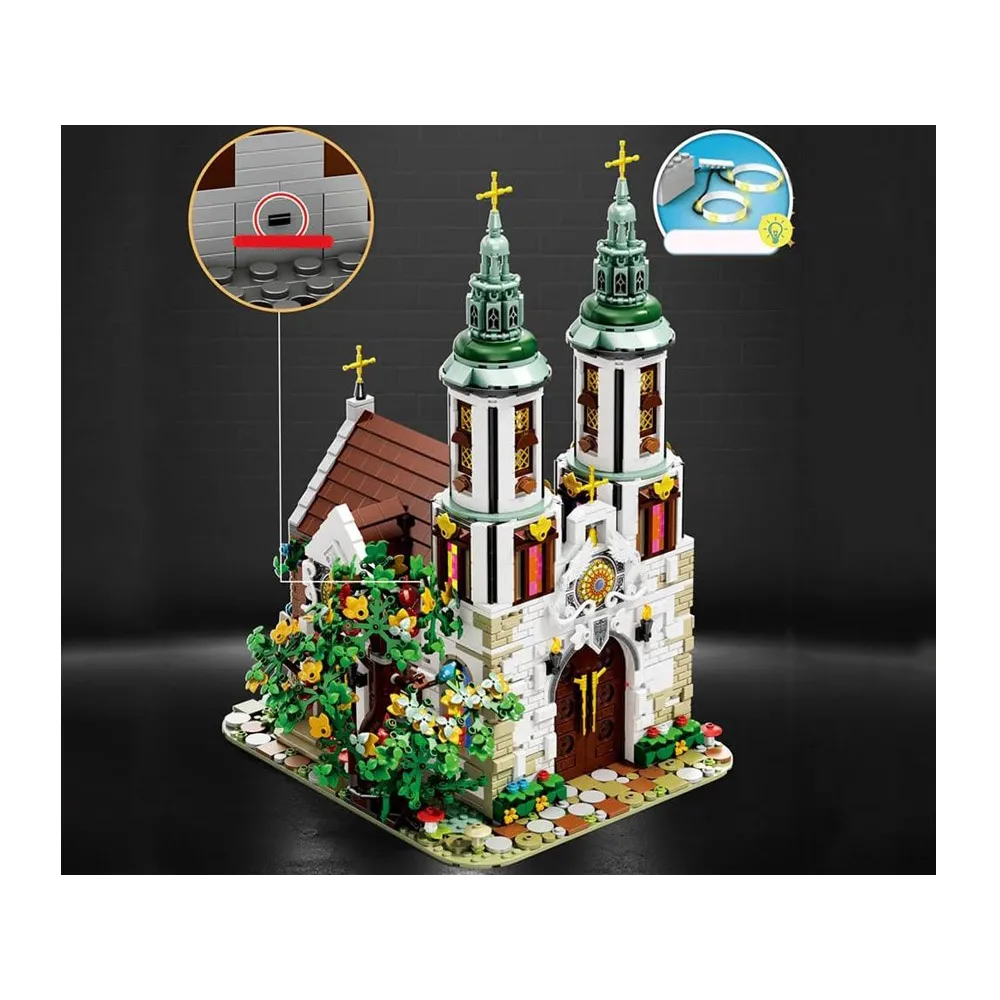 Drzwi wejściowe z dekoracyjnymi klamkami w modelu kościoła