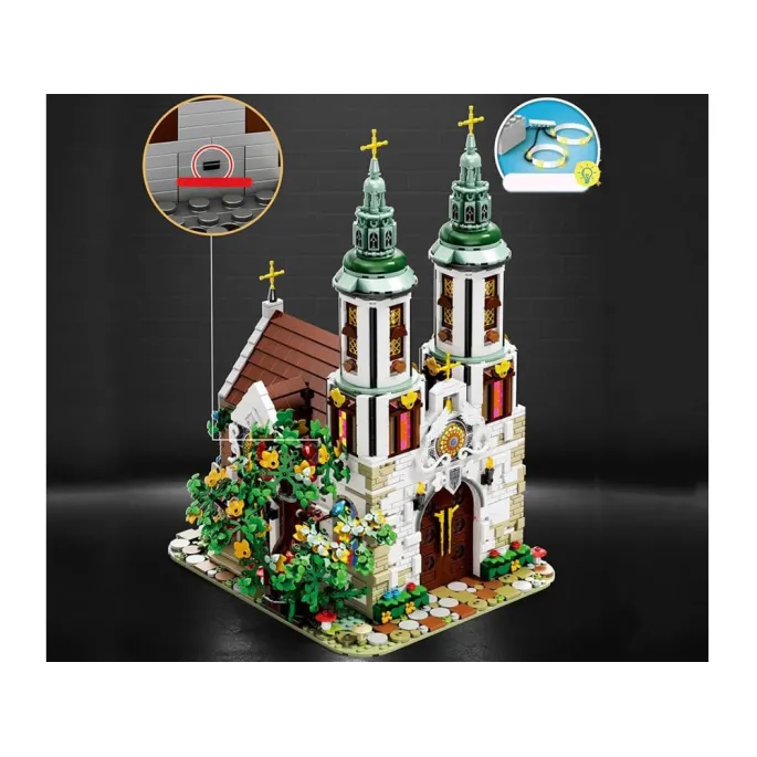 Drzwi wejściowe z dekoracyjnymi klamkami w modelu kościoła