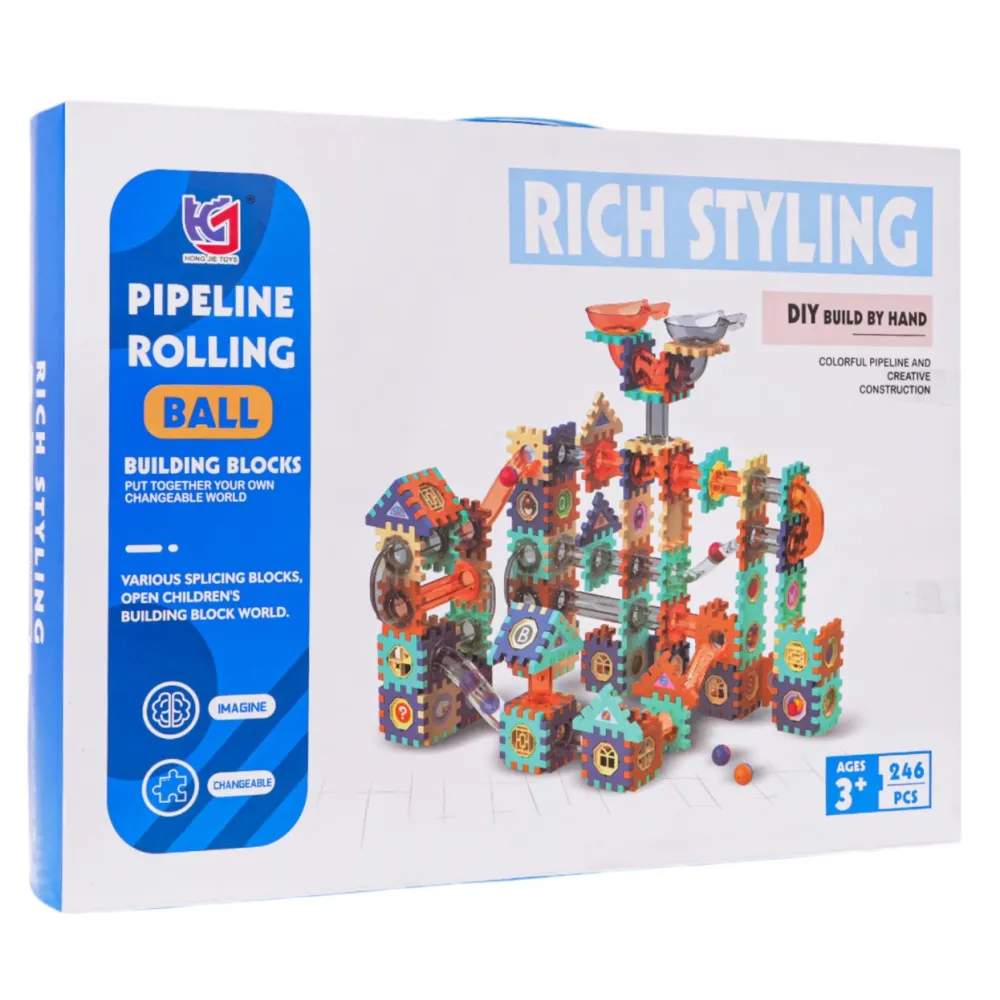 Zestaw Klocki Tor Kulka 246el. z kolorowymi elementami na białym tle