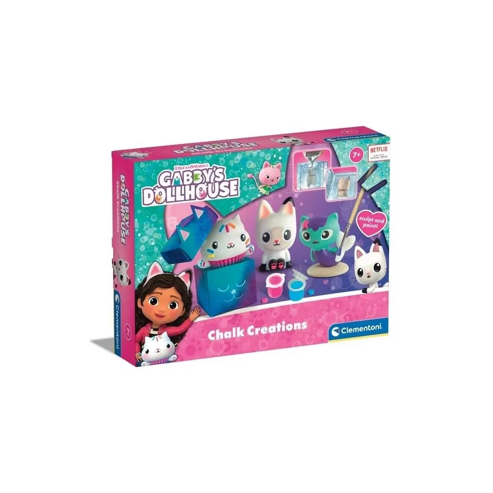 zestaw koci domek gabi z figurkami gipsowymi i farbami na białym tle