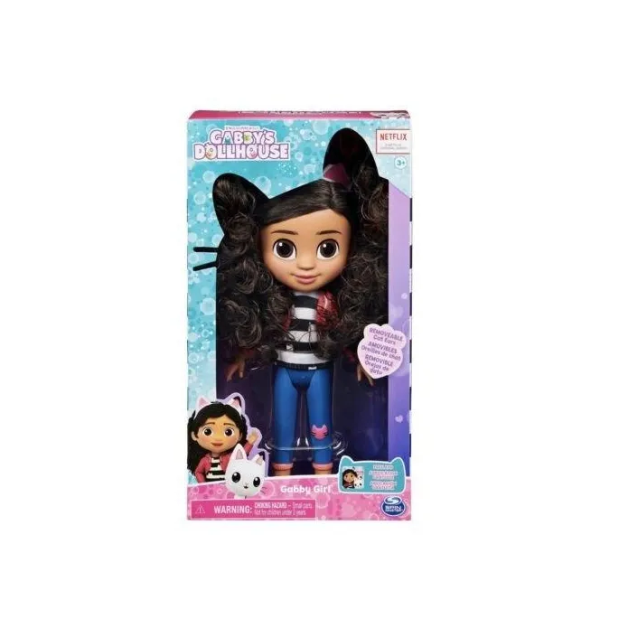 Lalka Piękna Gabi z charakterystyczną opaską i dżinsami z naszywką kotka