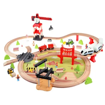 Kolejka drewniana dla dzieci baza transportowa dźwig pociąg tory ZA4830