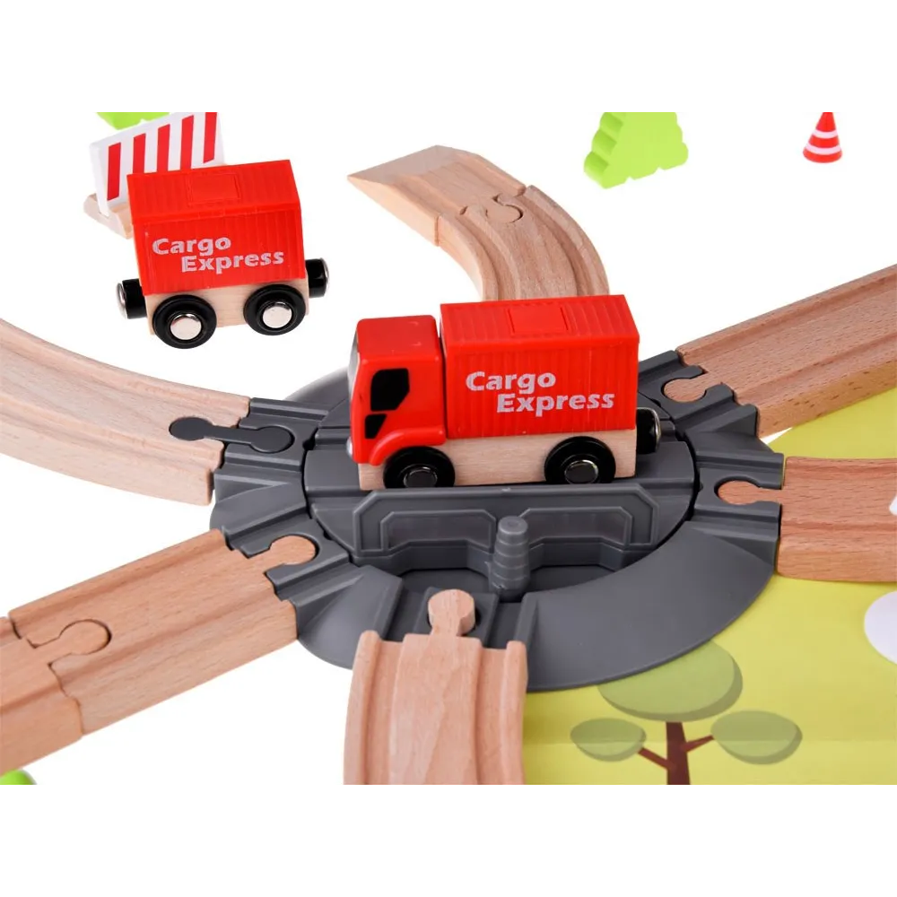 układ torów z wiaduktem i barierkami do zabawy