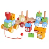 zestaw kolorowych klocków z literkami wyjętych z wagoników