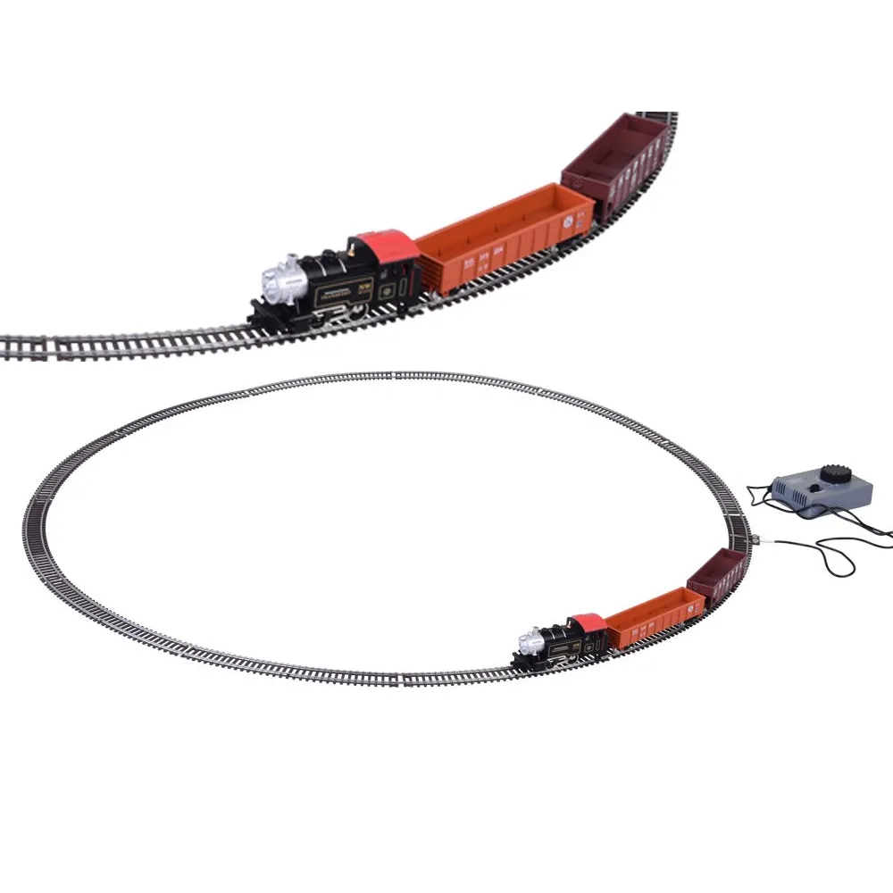 zestaw kolejki z dwiema wagonami ustawiony na podłodze