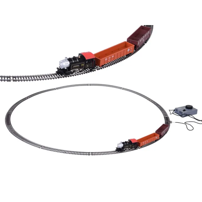 zestaw kolejki z dwiema wagonami ustawiony na podłodze