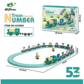 Kolejka matematyczna z kolorowymi wagonikami w kształcie cyfr na torach