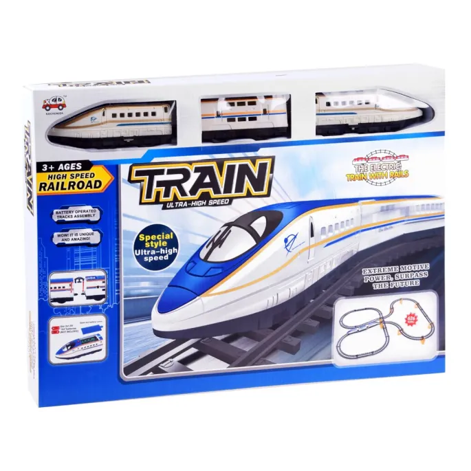 Wszystkie elementy zestawu: lokomotywa, wagony, tory i filary