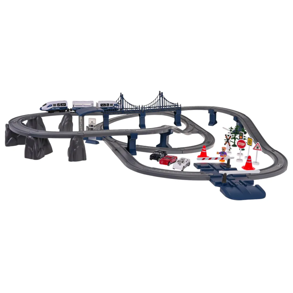 Układ torów, drzewka i akcesoria z plastiku do tematycznej zabawy