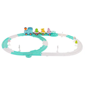 Widok torów kolejki o długości 312 cm ze znakami i drzewkiem